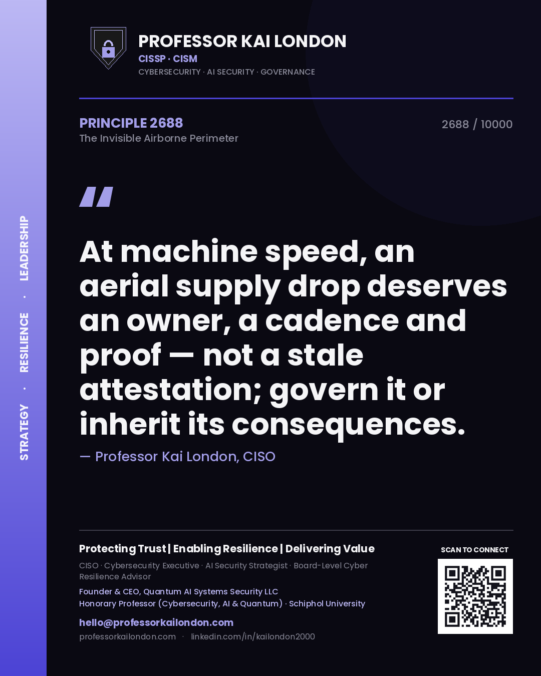 Professor Kai London principle 2688: At machine speed, an aerial supply drop deserves an owner, a cadence and proof — not a stale attestation; govern it or inherit its consequences.