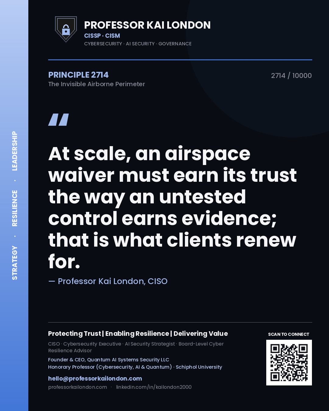 Professor Kai London principle 2714: At scale, an airspace waiver must earn its trust the way an untested control earns evidence; that is what clients renew for.