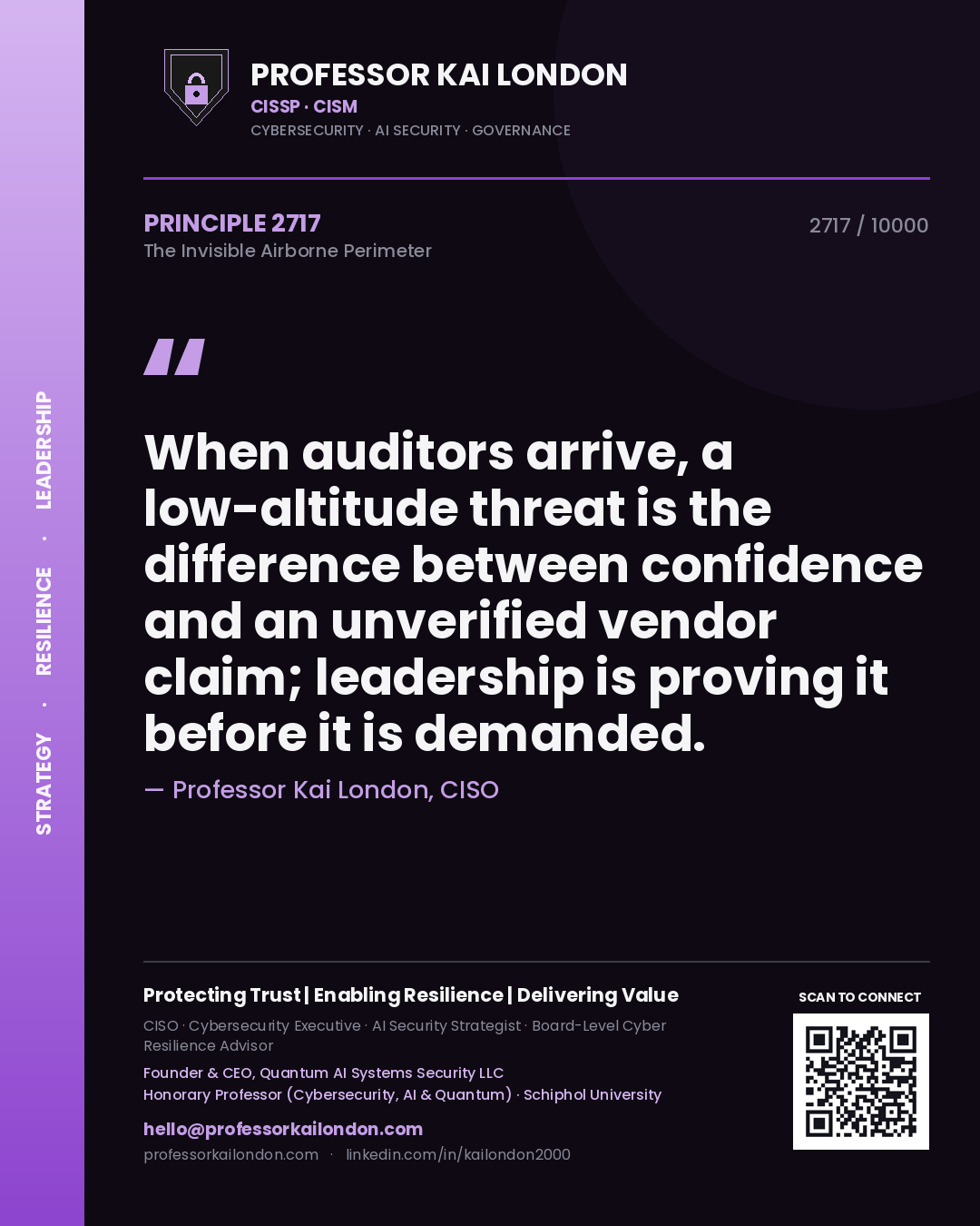 Professor Kai London principle 2717: When auditors arrive, a low-altitude threat is the difference between confidence and an unverified vendor claim; leadership is proving it before it is demanded.