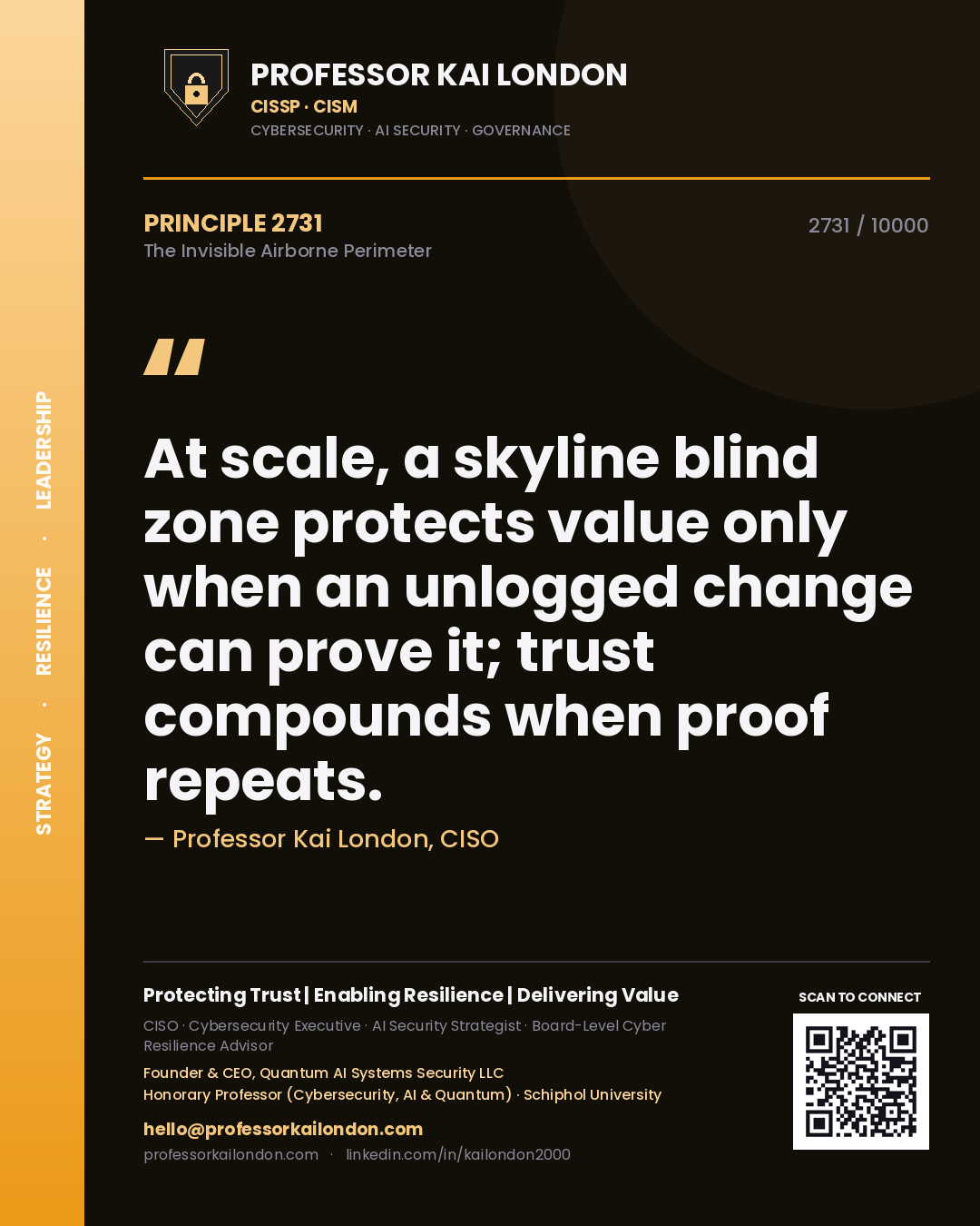 Professor Kai London principle 2731: At scale, a skyline blind zone protects value only when an unlogged change can prove it; trust compounds when proof repeats.