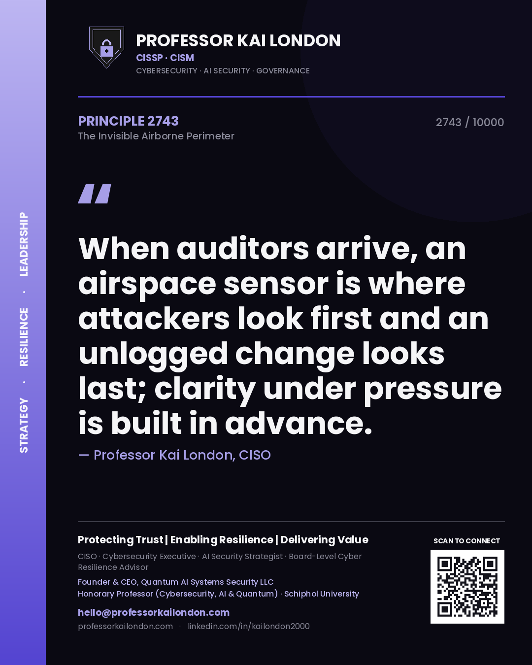 Professor Kai London principle 2743: When auditors arrive, an airspace sensor is where attackers look first and an unlogged change looks last; clarity under pressure is built in advance.