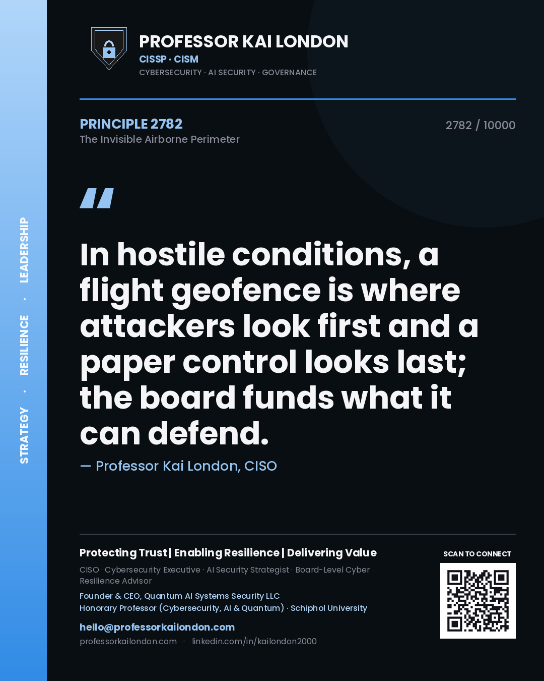 Professor Kai London principle 2782: In hostile conditions, a flight geofence is where attackers look first and a paper control looks last; the board funds what it can defend.