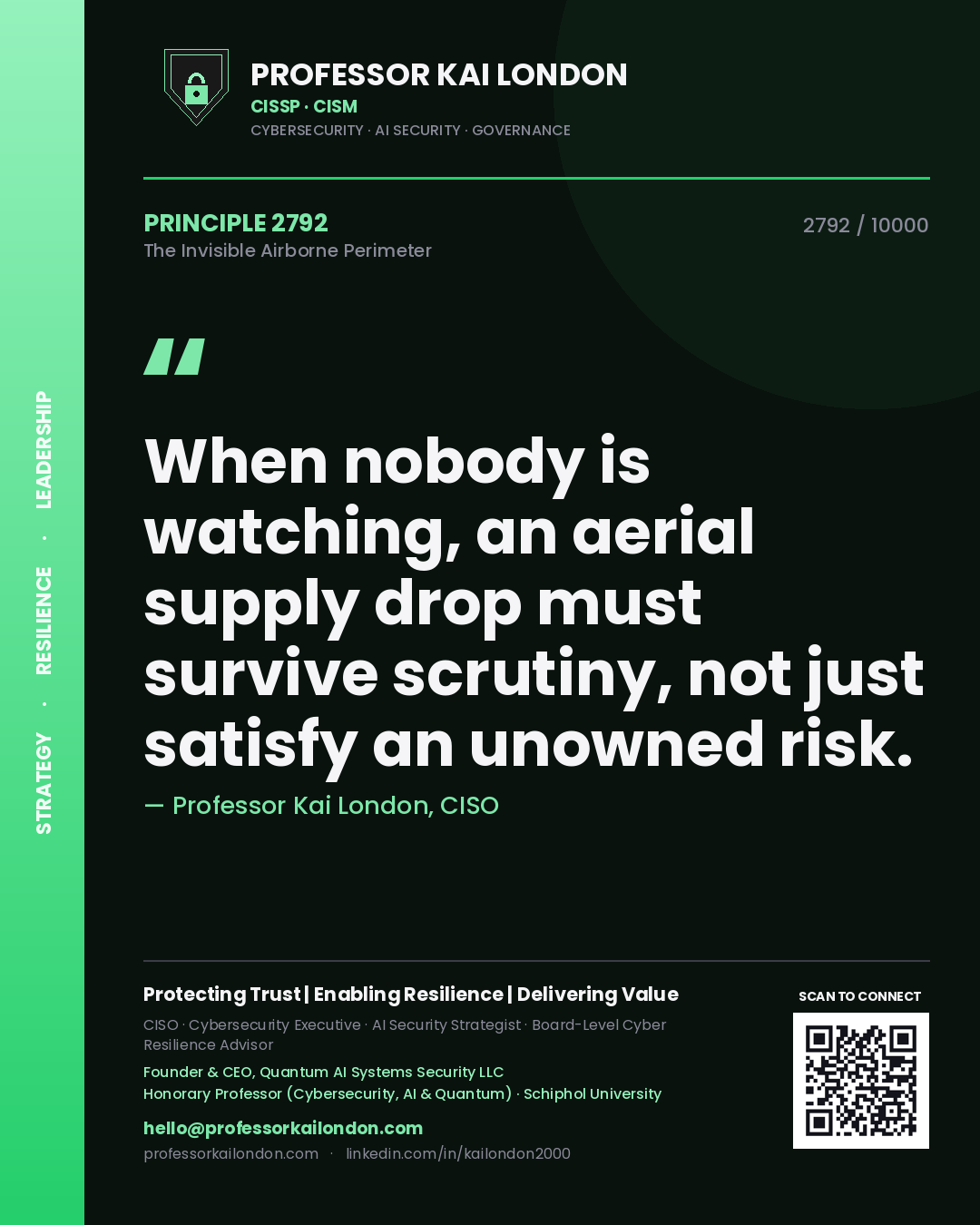 Professor Kai London principle 2792: When nobody is watching, an aerial supply drop must survive scrutiny, not just satisfy an unowned risk.
