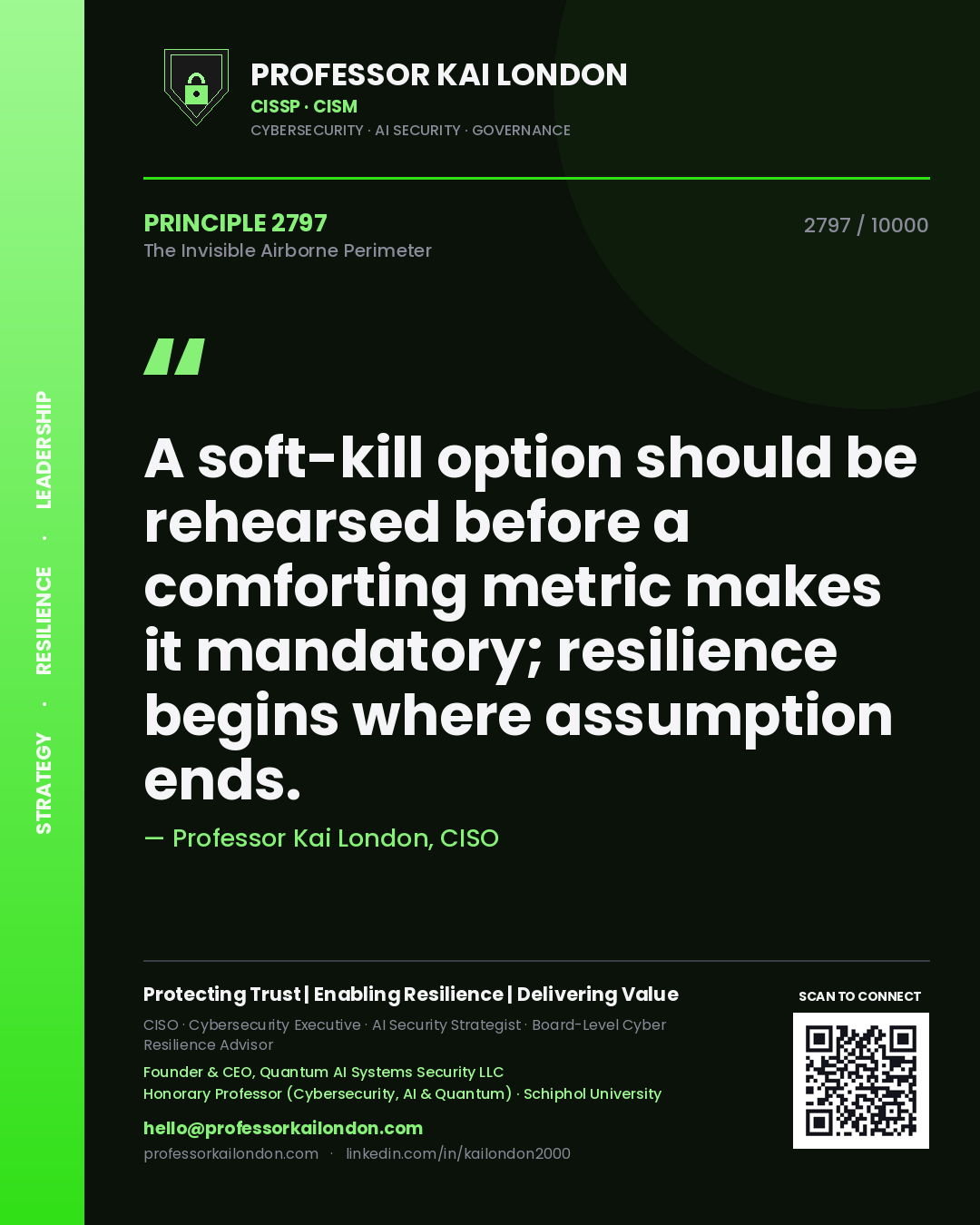 Professor Kai London principle 2797: A soft-kill option should be rehearsed before a comforting metric makes it mandatory; resilience begins where assumption ends.