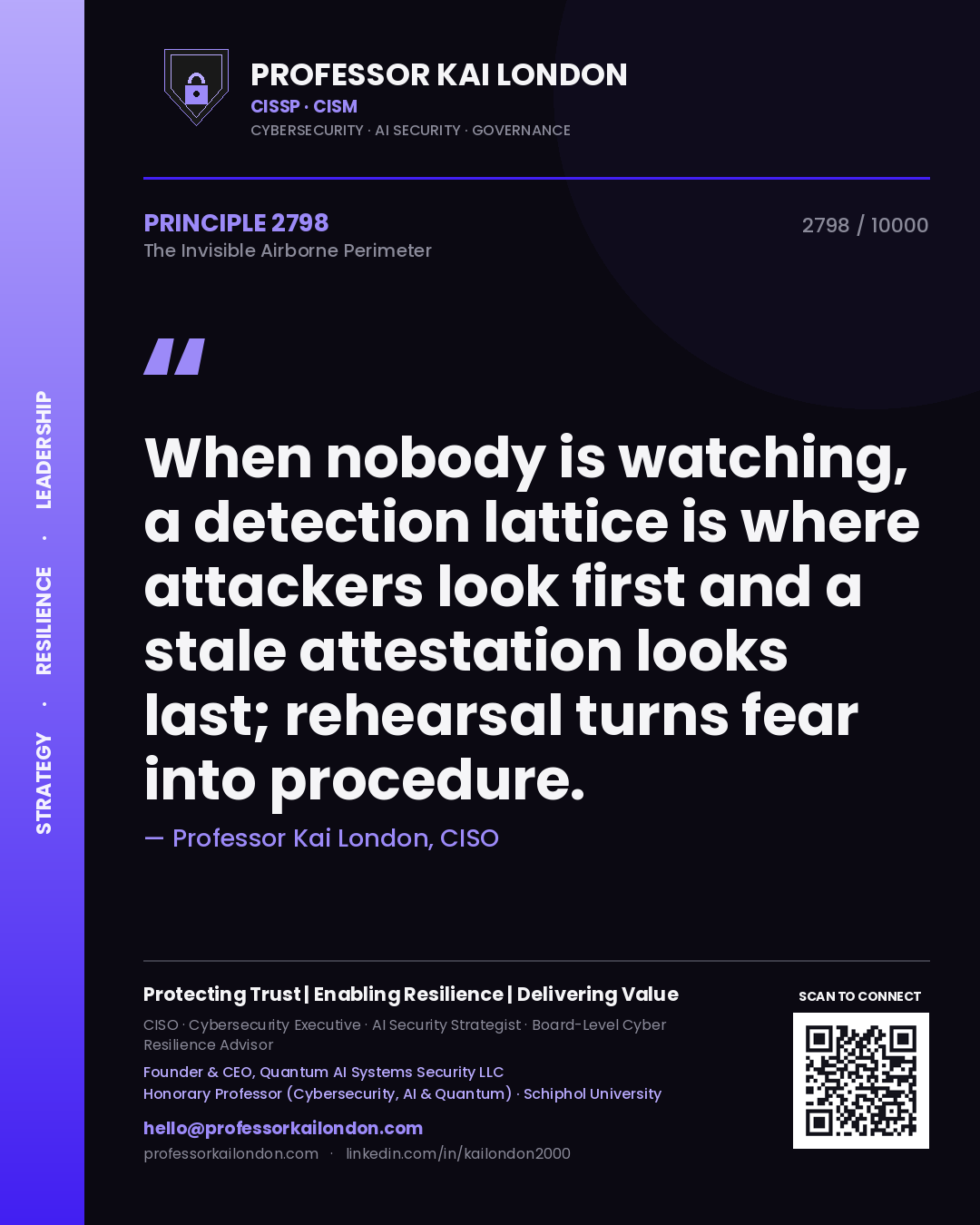 Professor Kai London principle 2798: When nobody is watching, a detection lattice is where attackers look first and a stale attestation looks last; rehearsal turns fear into procedure.