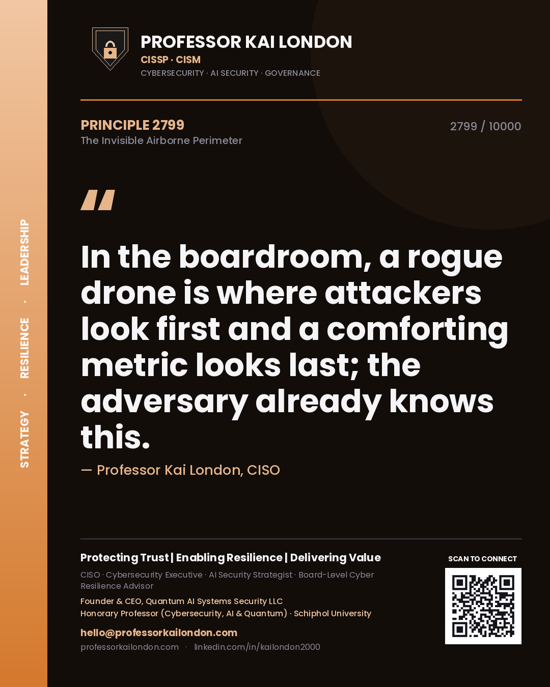 Professor Kai London principle 2799: In the boardroom, a rogue drone is where attackers look first and a comforting metric looks last; the adversary already knows this.