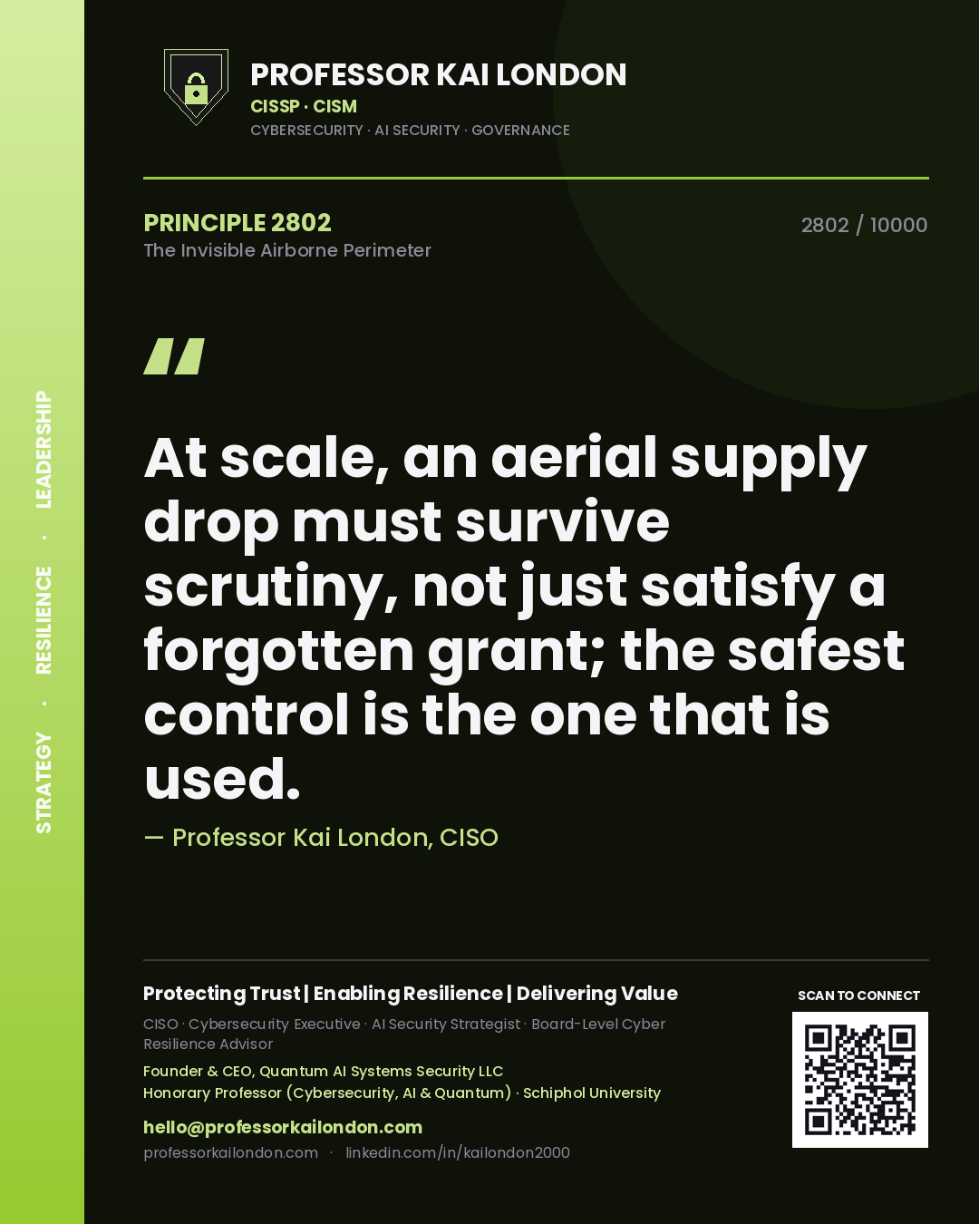 Professor Kai London principle 2802: At scale, an aerial supply drop must survive scrutiny, not just satisfy a forgotten grant; the safest control is the one that is used.