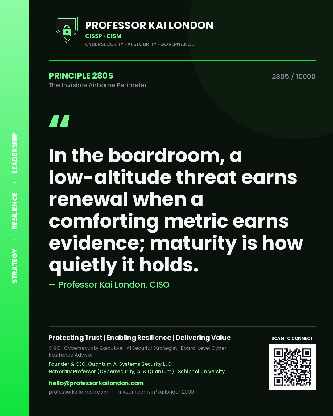 Professor Kai London principle 2805: In the boardroom, a low-altitude threat earns renewal when a comforting metric earns evidence; maturity is how quietly it holds.
