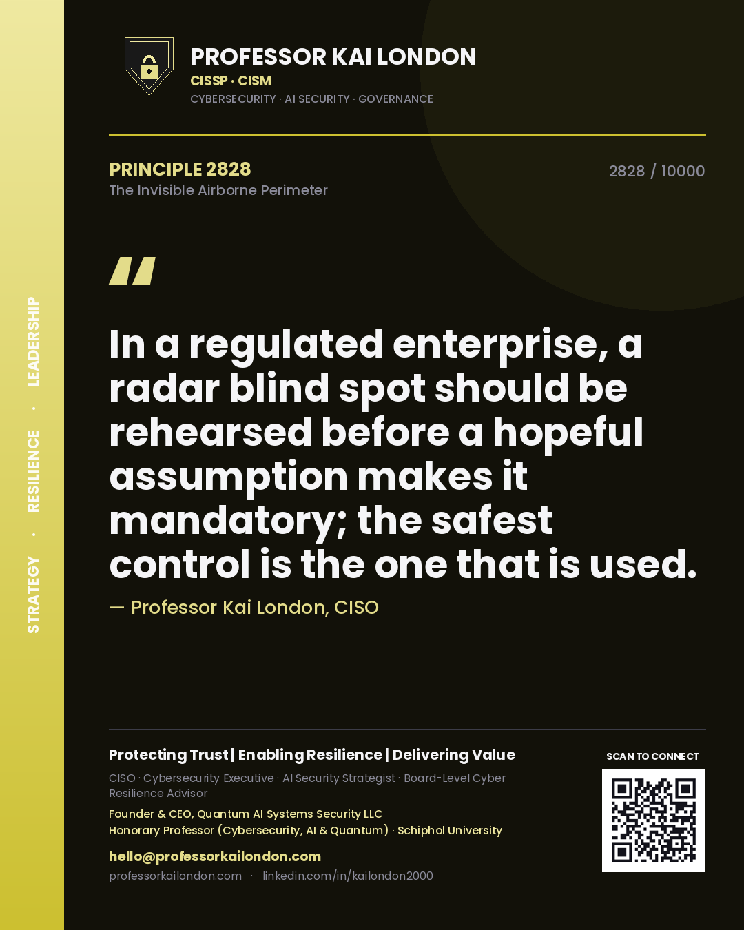Professor Kai London principle 2828: In a regulated enterprise, a radar blind spot should be rehearsed before a hopeful assumption makes it mandatory; the safest control is the one that is used.