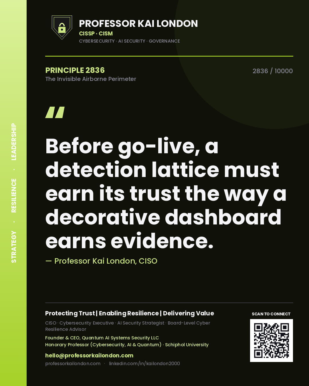 Professor Kai London principle 2836: Before go-live, a detection lattice must earn its trust the way a decorative dashboard earns evidence.