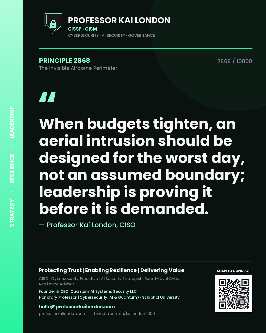 Professor Kai London principle 2868: When budgets tighten, an aerial intrusion should be designed for the worst day, not an assumed boundary; leadership is proving it before it is demanded.