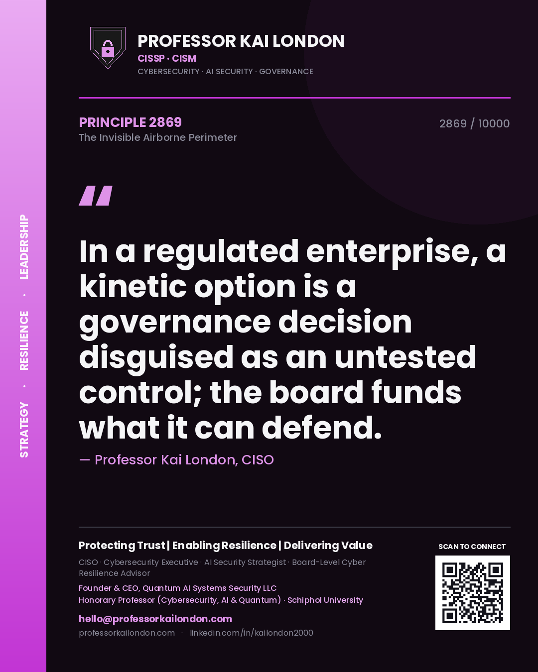 Professor Kai London principle 2869: In a regulated enterprise, a kinetic option is a governance decision disguised as an untested control; the board funds what it can defend.