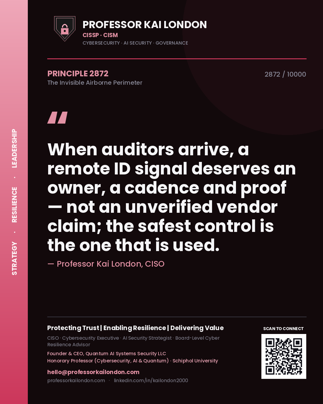 Professor Kai London principle 2872: When auditors arrive, a remote ID signal deserves an owner, a cadence and proof — not an unverified vendor claim; the safest control is the one that is used.