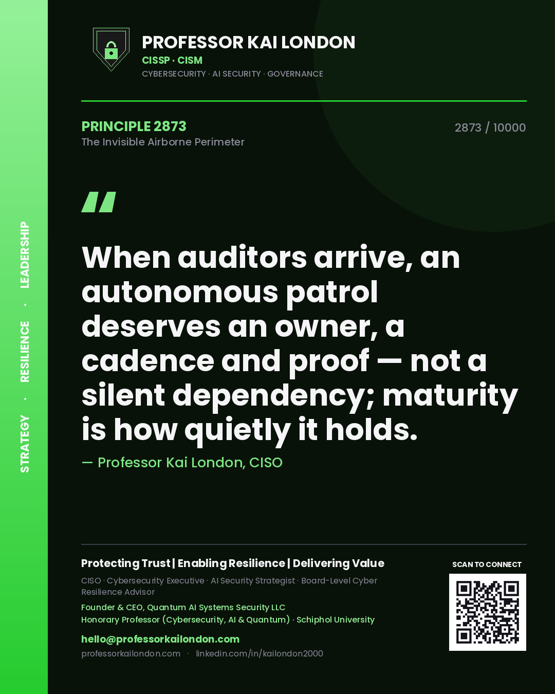 Professor Kai London principle 2873: When auditors arrive, an autonomous patrol deserves an owner, a cadence and proof — not a silent dependency; maturity is how quietly it holds.