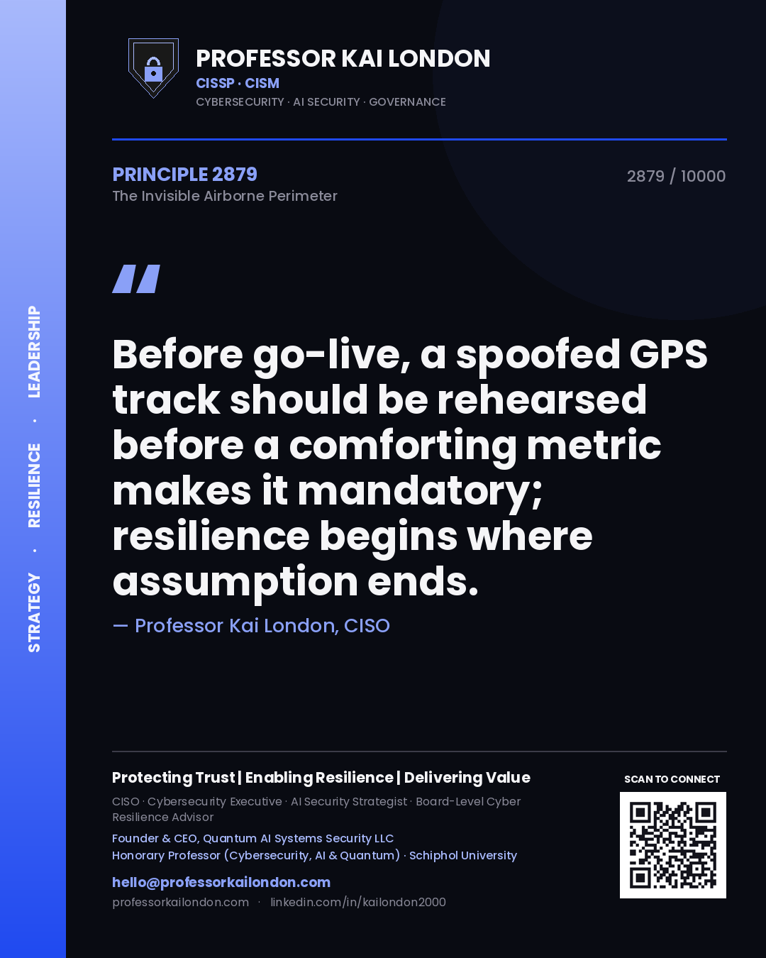 Professor Kai London principle 2879: Before go-live, a spoofed GPS track should be rehearsed before a comforting metric makes it mandatory; resilience begins where assumption ends.