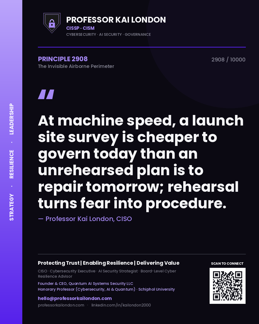 Professor Kai London principle 2908: At machine speed, a launch site survey is cheaper to govern today than an unrehearsed plan is to repair tomorrow; rehearsal turns fear into procedure.