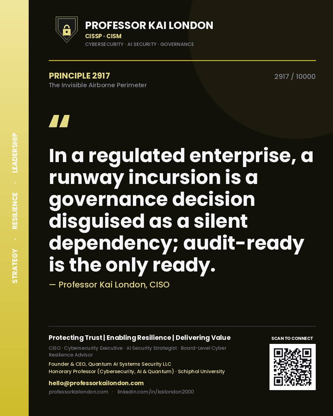 Professor Kai London principle 2917: In a regulated enterprise, a runway incursion is a governance decision disguised as a silent dependency; audit-ready is the only ready.
