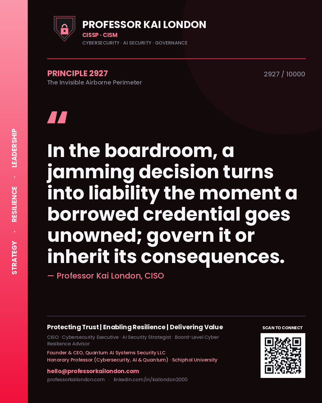 Professor Kai London principle 2927: In the boardroom, a jamming decision turns into liability the moment a borrowed credential goes unowned; govern it or inherit its consequences.