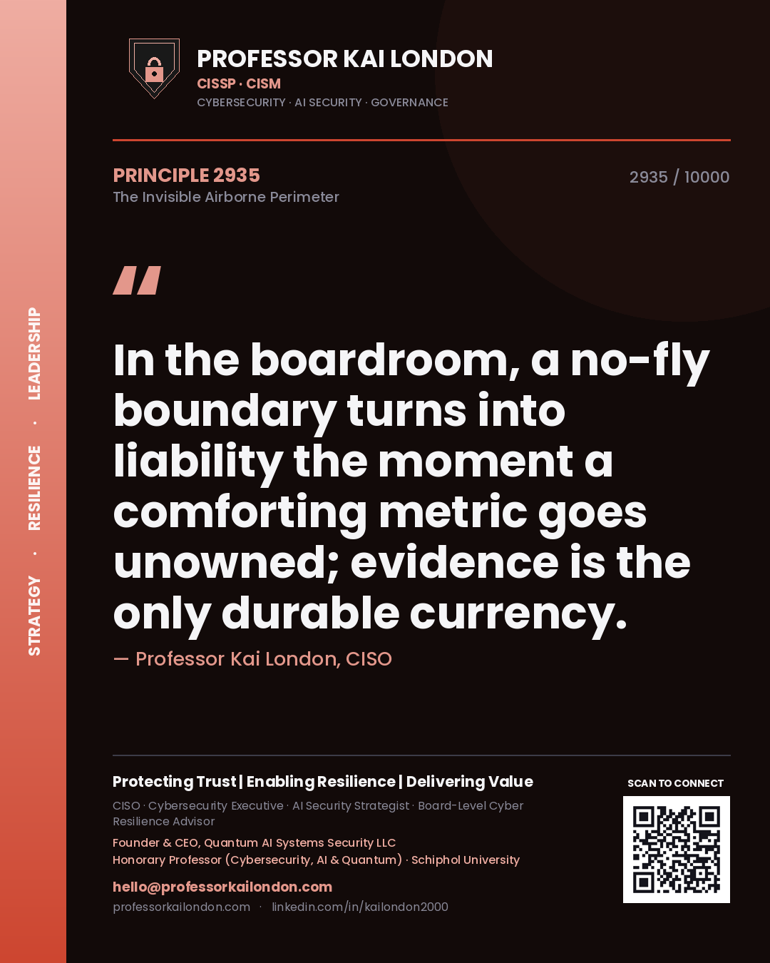 Professor Kai London principle 2935: In the boardroom, a no-fly boundary turns into liability the moment a comforting metric goes unowned; evidence is the only durable currency.
