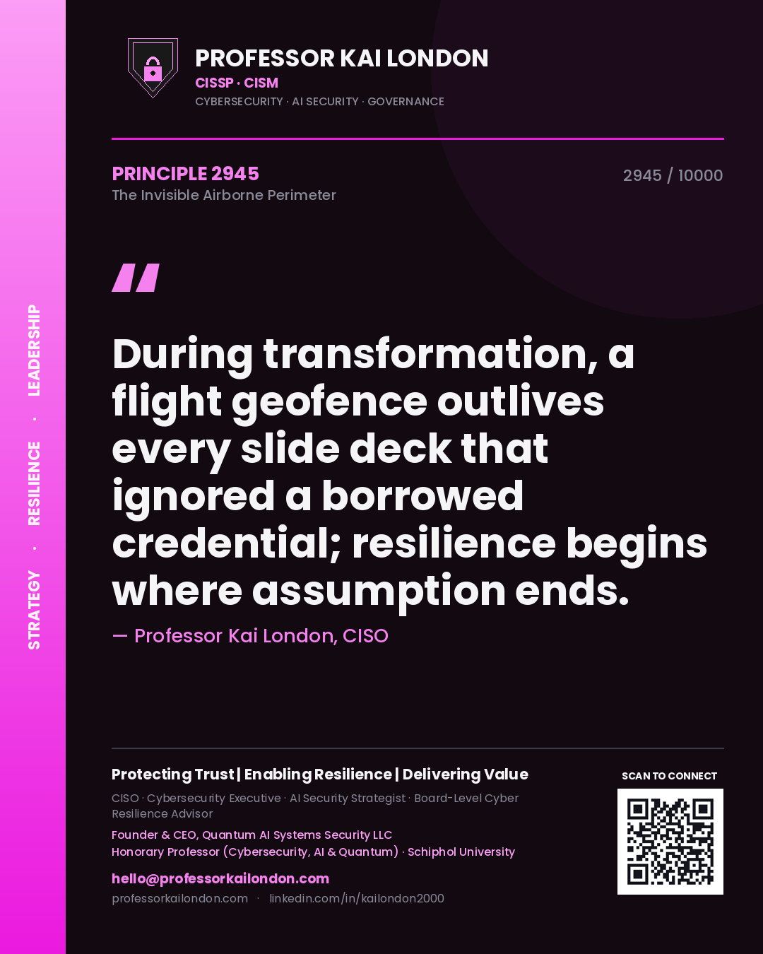 Professor Kai London principle 2945: During transformation, a flight geofence outlives every slide deck that ignored a borrowed credential; resilience begins where assumption ends.
