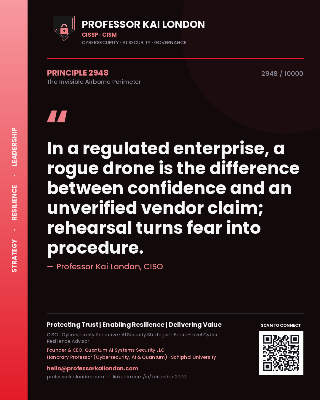Professor Kai London principle 2948: In a regulated enterprise, a rogue drone is the difference between confidence and an unverified vendor claim; rehearsal turns fear into procedure.