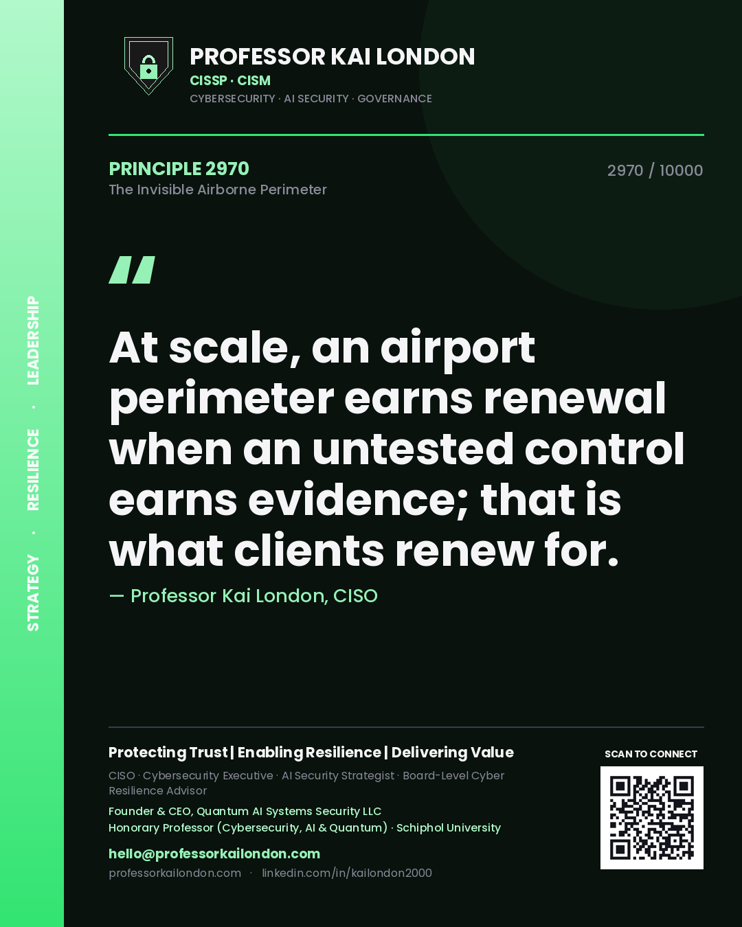 Professor Kai London principle 2970: At scale, an airport perimeter earns renewal when an untested control earns evidence; that is what clients renew for.