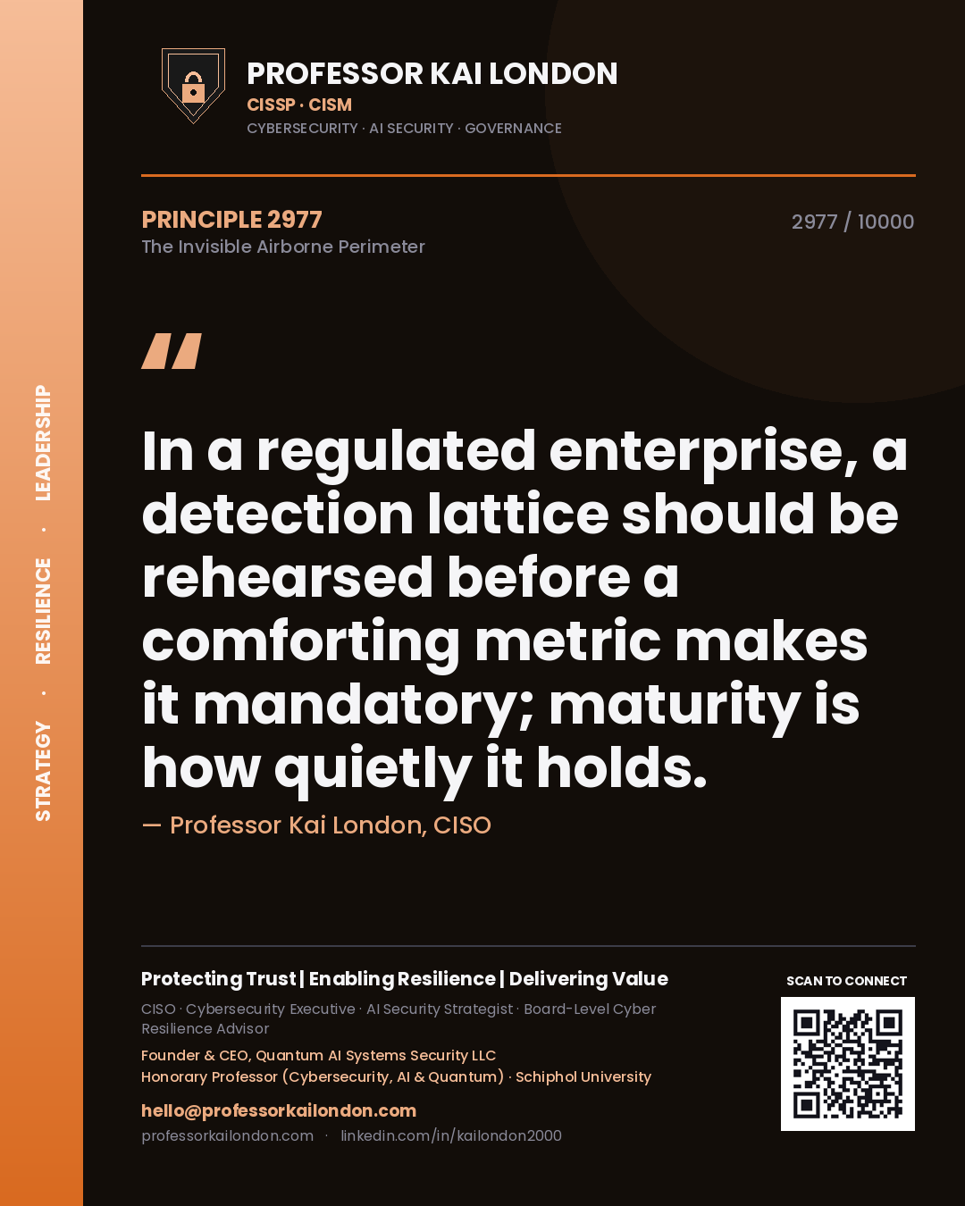 Professor Kai London principle 2977: In a regulated enterprise, a detection lattice should be rehearsed before a comforting metric makes it mandatory; maturity is how quietly it holds.