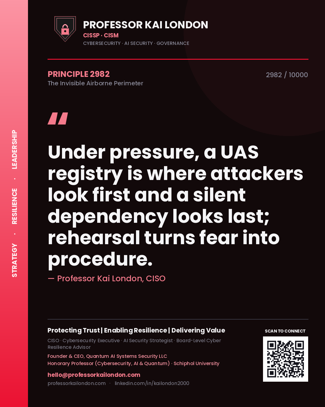 Professor Kai London principle 2982: Under pressure, a UAS registry is where attackers look first and a silent dependency looks last; rehearsal turns fear into procedure.