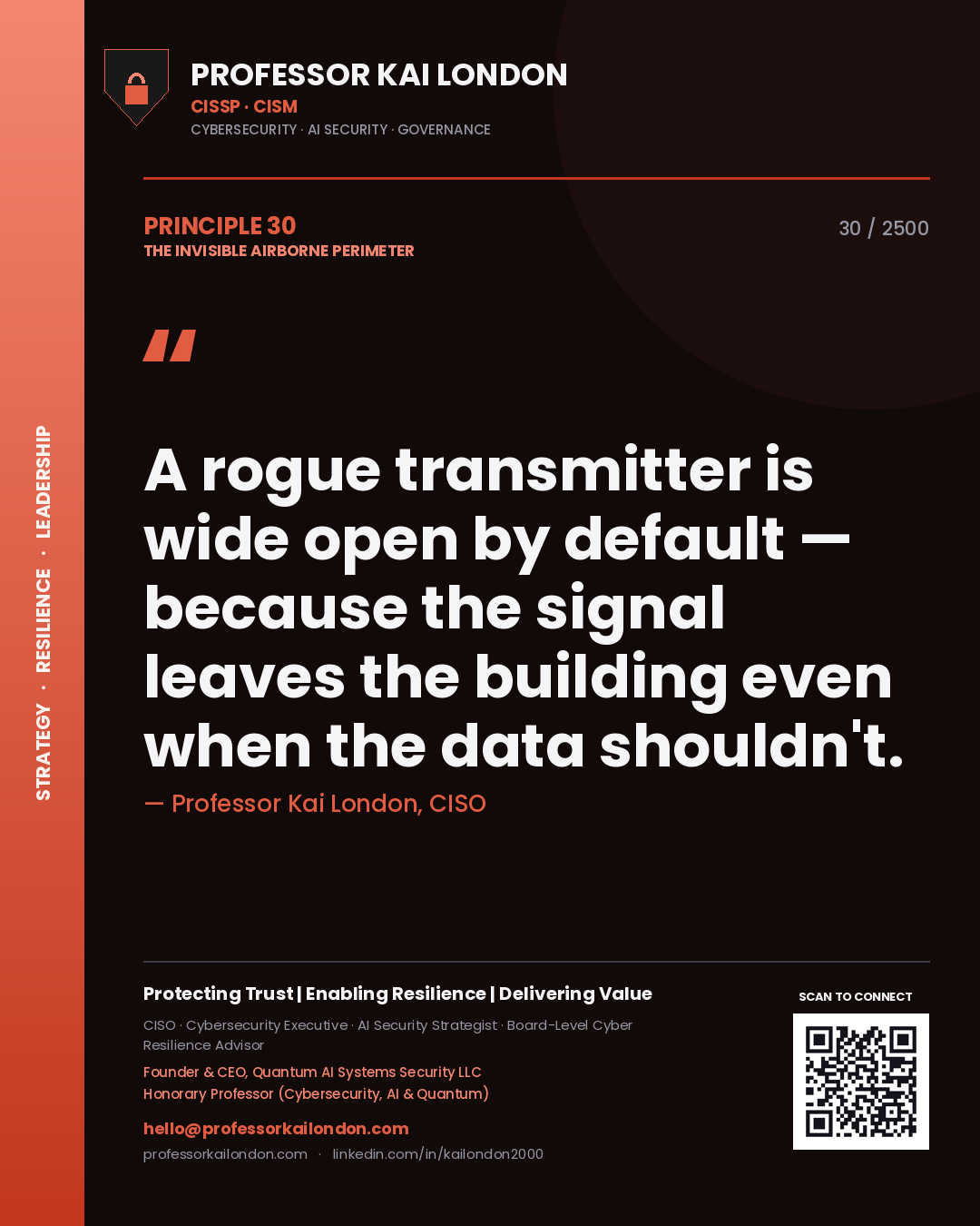 Professor Kai London principle 30: A rogue transmitter is wide open by default — because the signal leaves the building even when the data shouldn't.