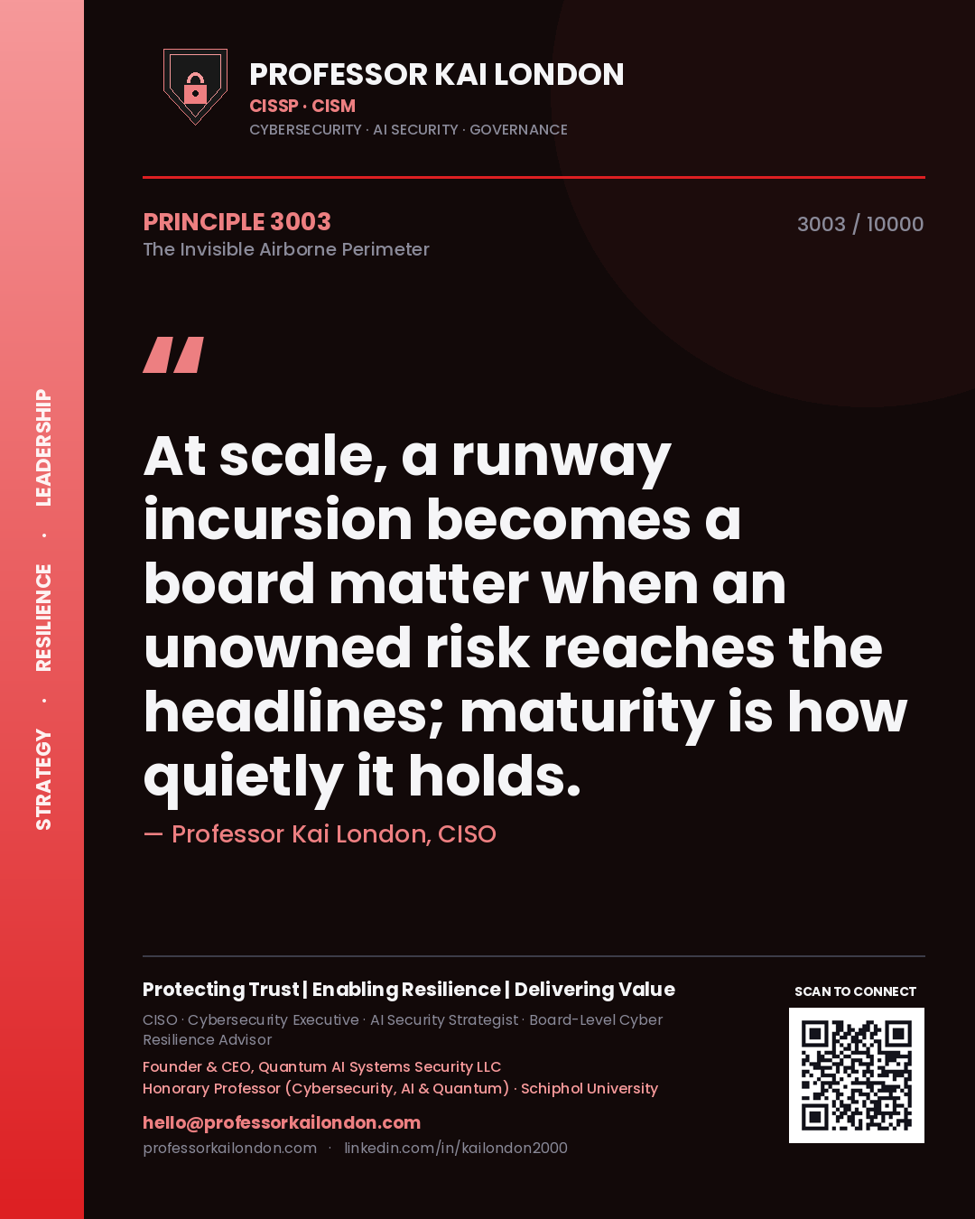 Professor Kai London principle 3003: At scale, a runway incursion becomes a board matter when an unowned risk reaches the headlines; maturity is how quietly it holds.