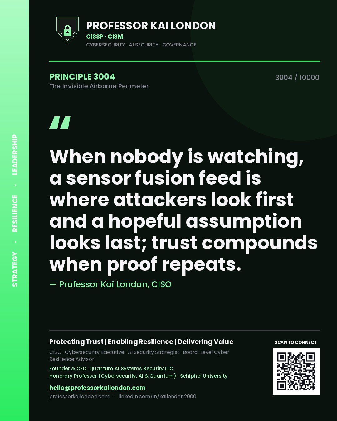 Professor Kai London principle 3004: When nobody is watching, a sensor fusion feed is where attackers look first and a hopeful assumption looks last; trust compounds when proof repeats.