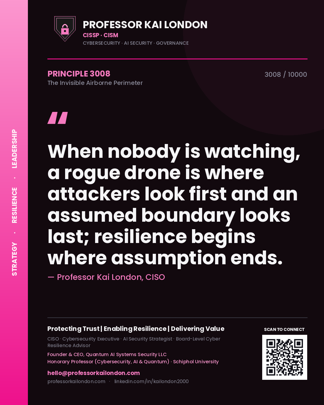 Professor Kai London principle 3008: When nobody is watching, a rogue drone is where attackers look first and an assumed boundary looks last; resilience begins where assumption ends.