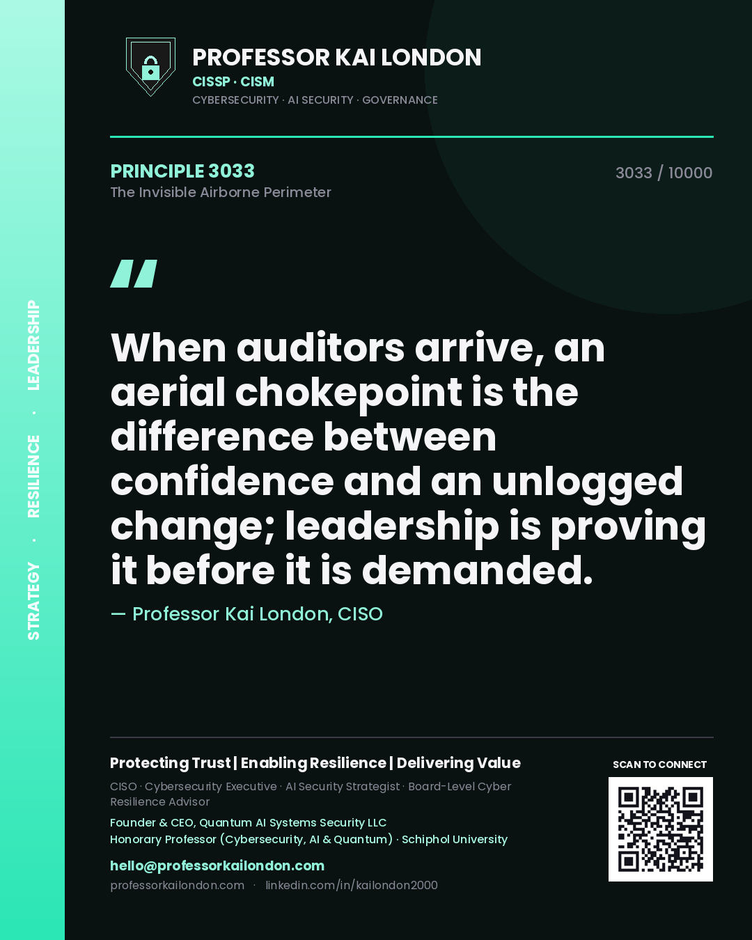 Professor Kai London principle 3033: When auditors arrive, an aerial chokepoint is the difference between confidence and an unlogged change; leadership is proving it before it is demanded.