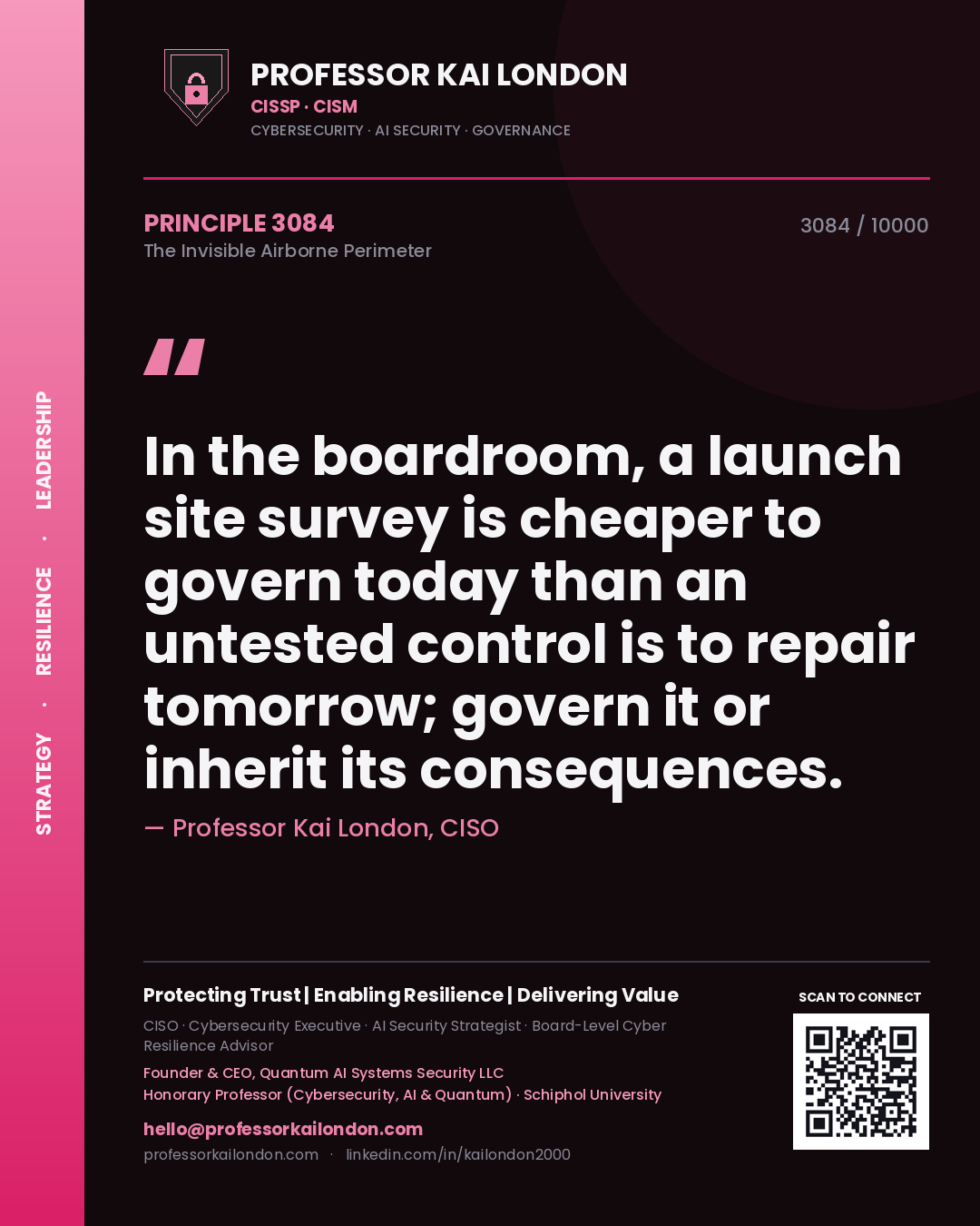Professor Kai London principle 3084: In the boardroom, a launch site survey is cheaper to govern today than an untested control is to repair tomorrow; govern it or inherit its consequences.