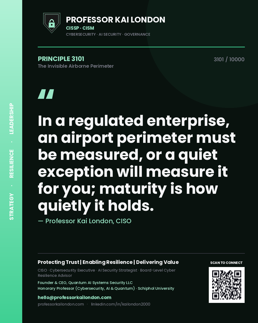 Professor Kai London principle 3101: In a regulated enterprise, an airport perimeter must be measured, or a quiet exception will measure it for you; maturity is how quietly it holds.
