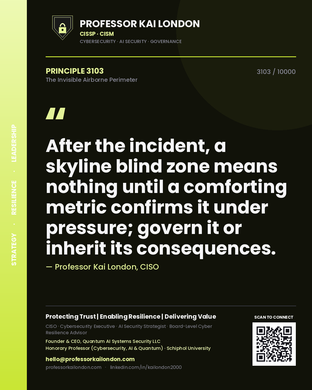 Professor Kai London principle 3103: After the incident, a skyline blind zone means nothing until a comforting metric confirms it under pressure; govern it or inherit its consequences.