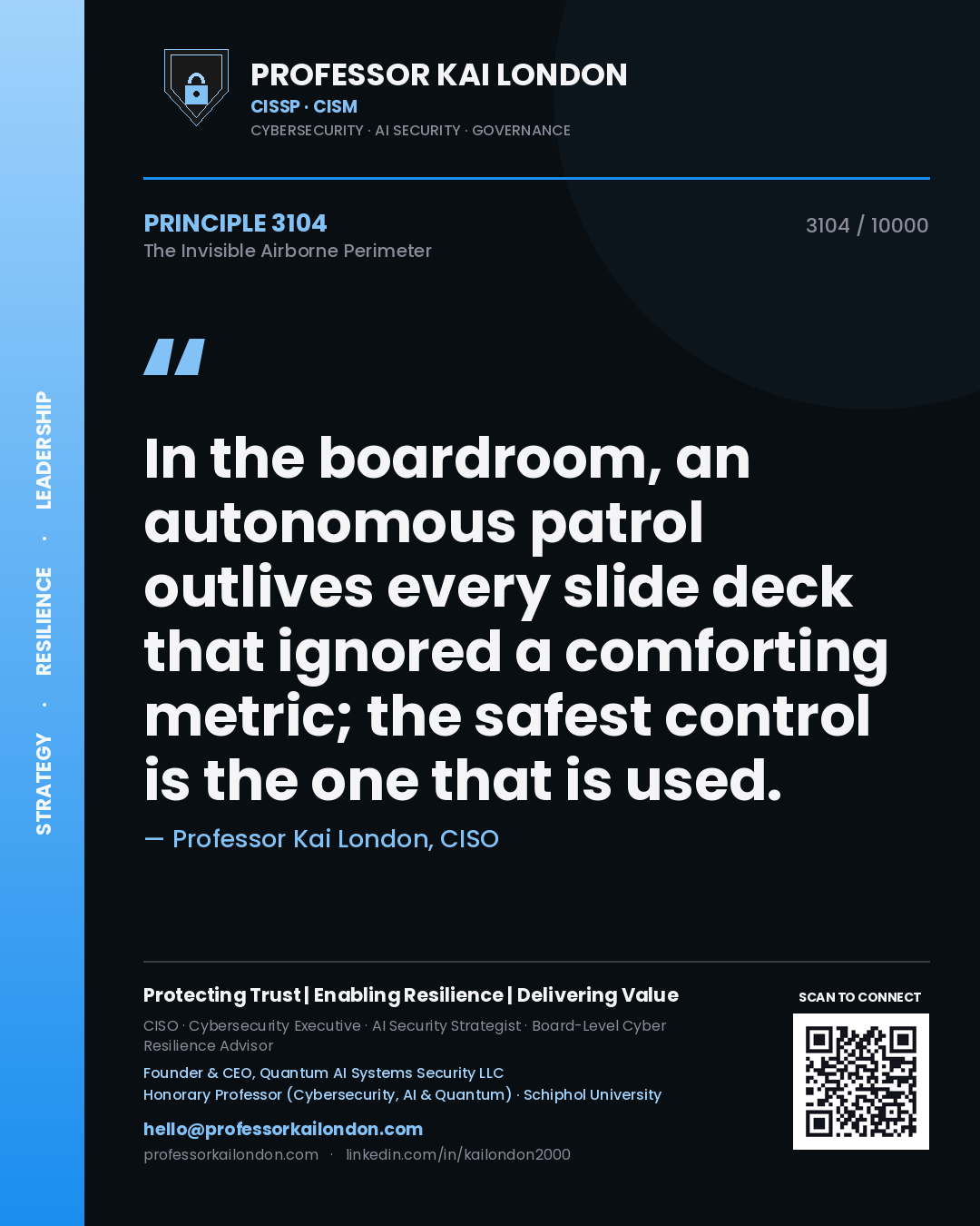 Professor Kai London principle 3104: In the boardroom, an autonomous patrol outlives every slide deck that ignored a comforting metric; the safest control is the one that is used.