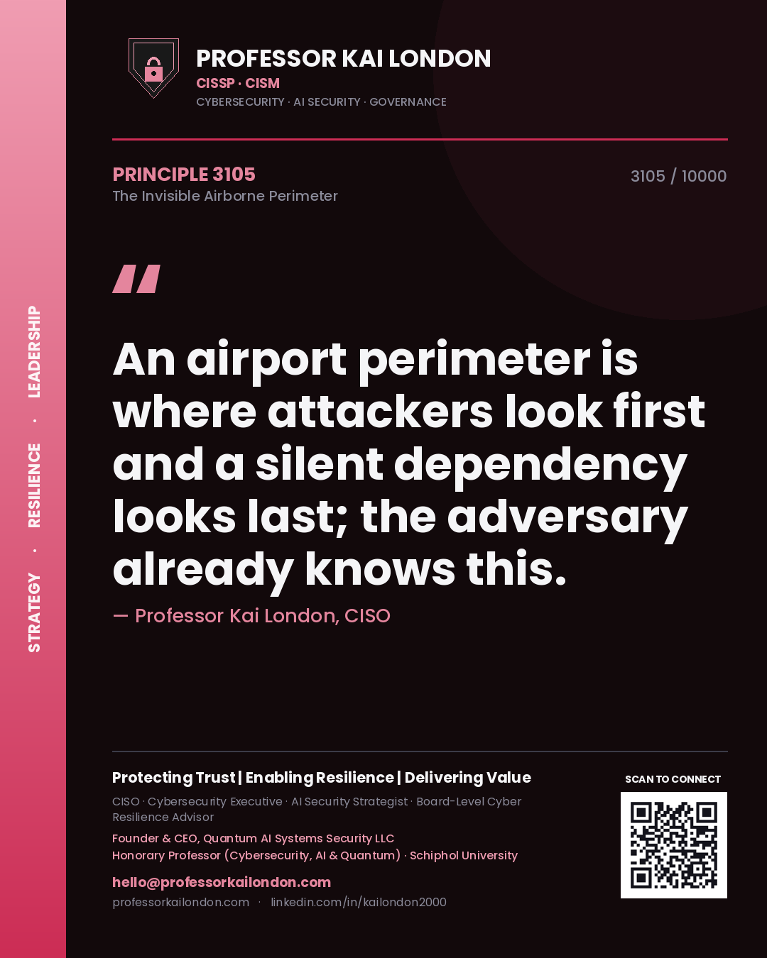 Professor Kai London principle 3105: An airport perimeter is where attackers look first and a silent dependency looks last; the adversary already knows this.