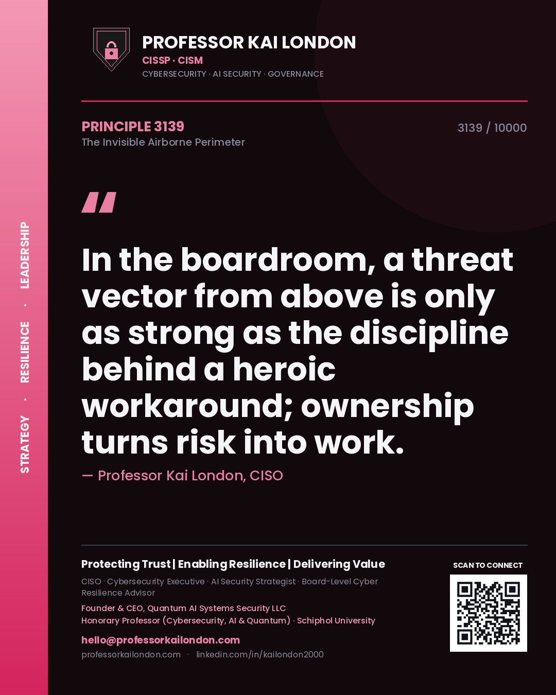 Professor Kai London principle 3139: In the boardroom, a threat vector from above is only as strong as the discipline behind a heroic workaround; ownership turns risk into work.