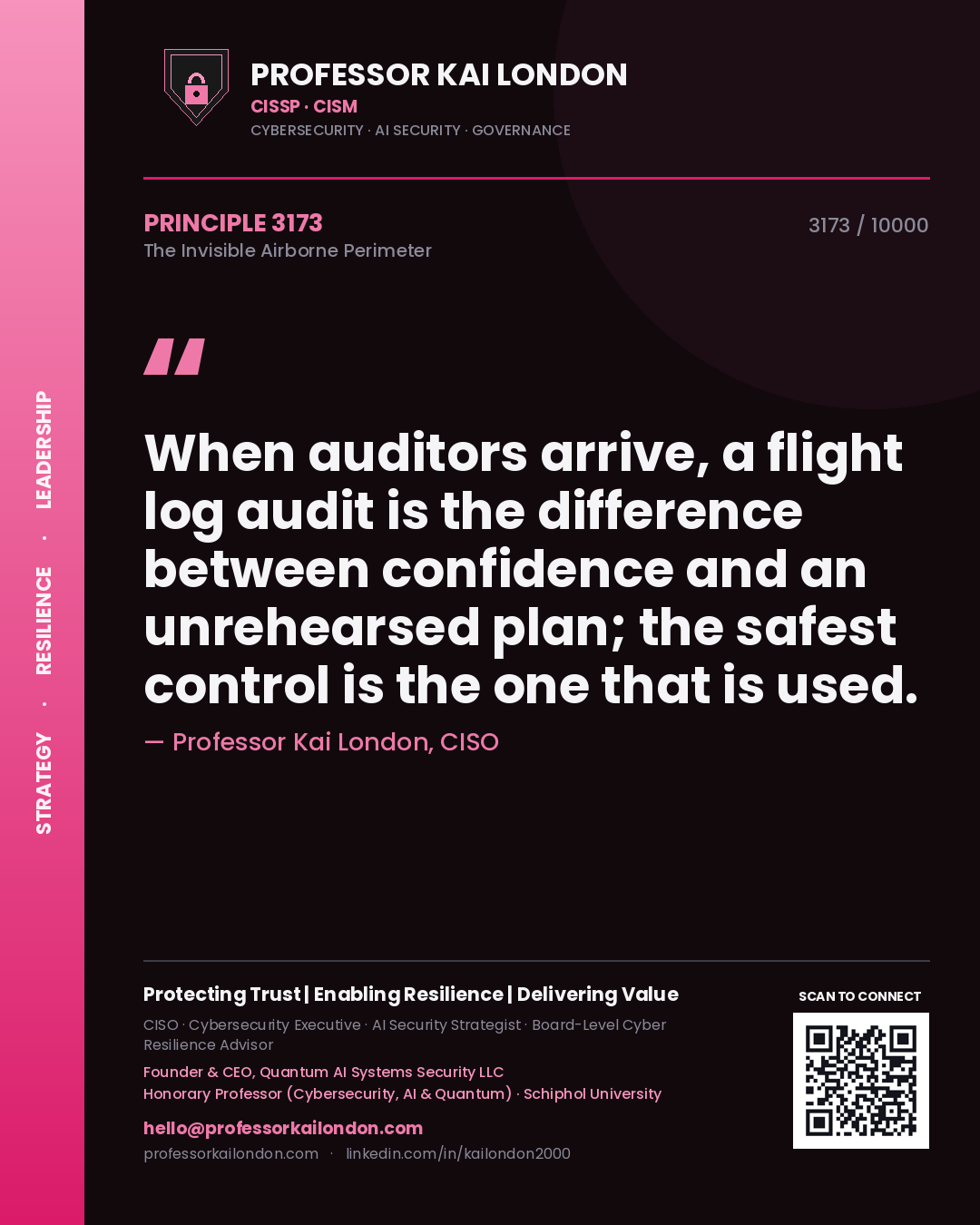 Professor Kai London principle 3173: When auditors arrive, a flight log audit is the difference between confidence and an unrehearsed plan; the safest control is the one that is used.