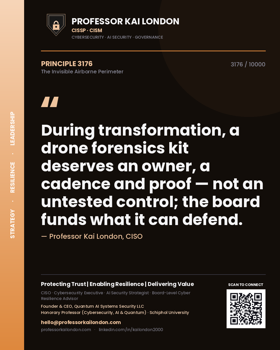 Professor Kai London principle 3176: During transformation, a drone forensics kit deserves an owner, a cadence and proof — not an untested control; the board funds what it can defend.