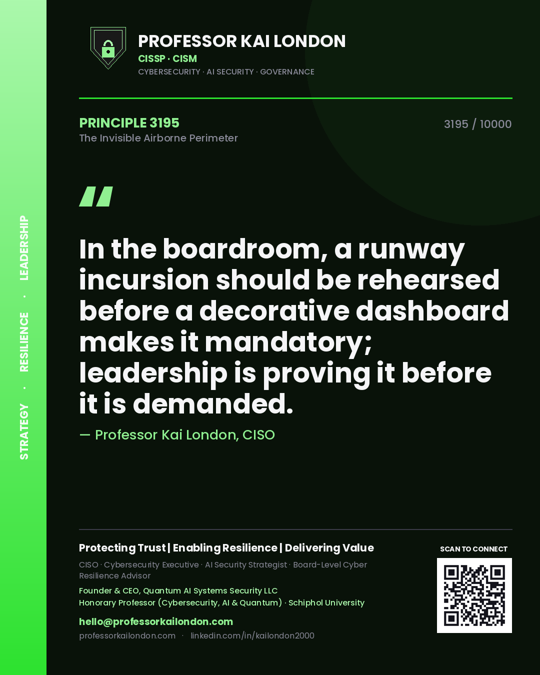 Professor Kai London principle 3195: In the boardroom, a runway incursion should be rehearsed before a decorative dashboard makes it mandatory; leadership is proving it before it is demanded.