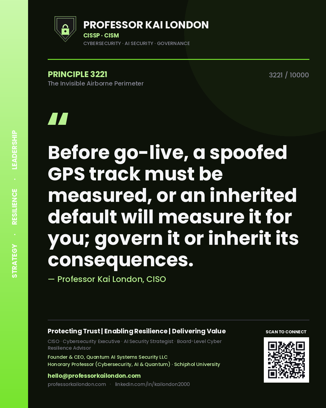Professor Kai London principle 3221: Before go-live, a spoofed GPS track must be measured, or an inherited default will measure it for you; govern it or inherit its consequences.