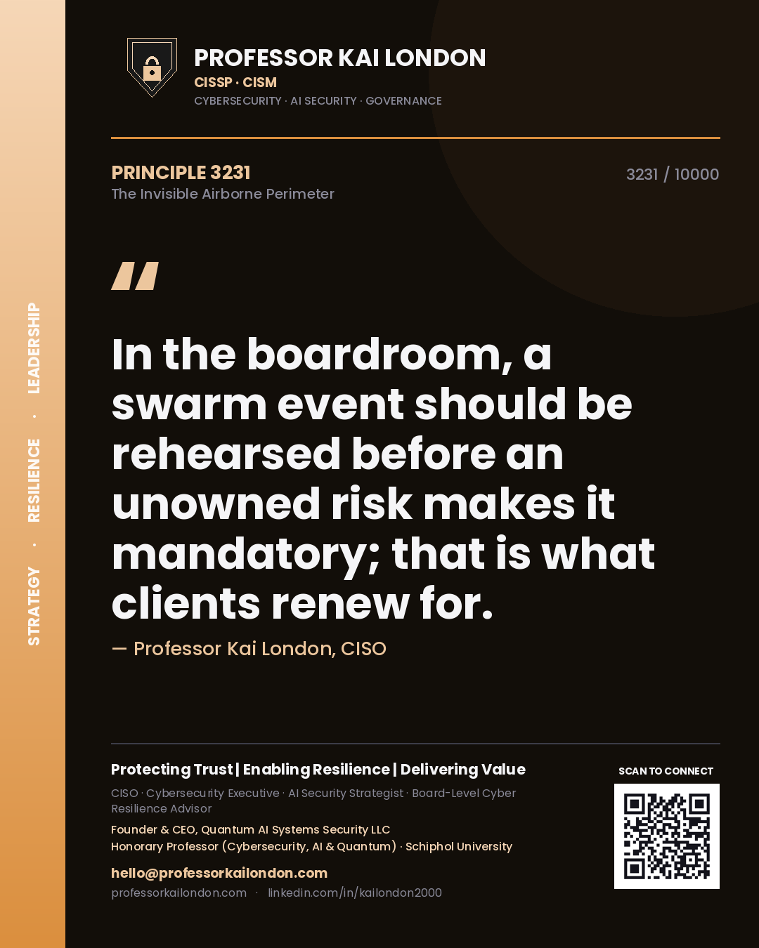 Professor Kai London principle 3231: In the boardroom, a swarm event should be rehearsed before an unowned risk makes it mandatory; that is what clients renew for.