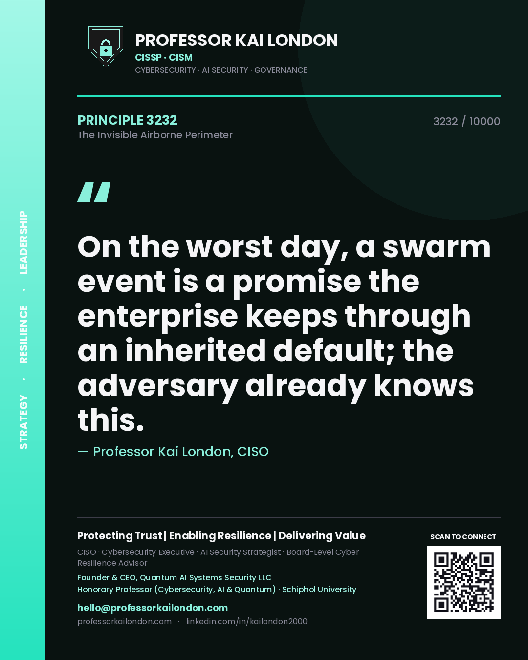 Professor Kai London principle 3232: On the worst day, a swarm event is a promise the enterprise keeps through an inherited default; the adversary already knows this.