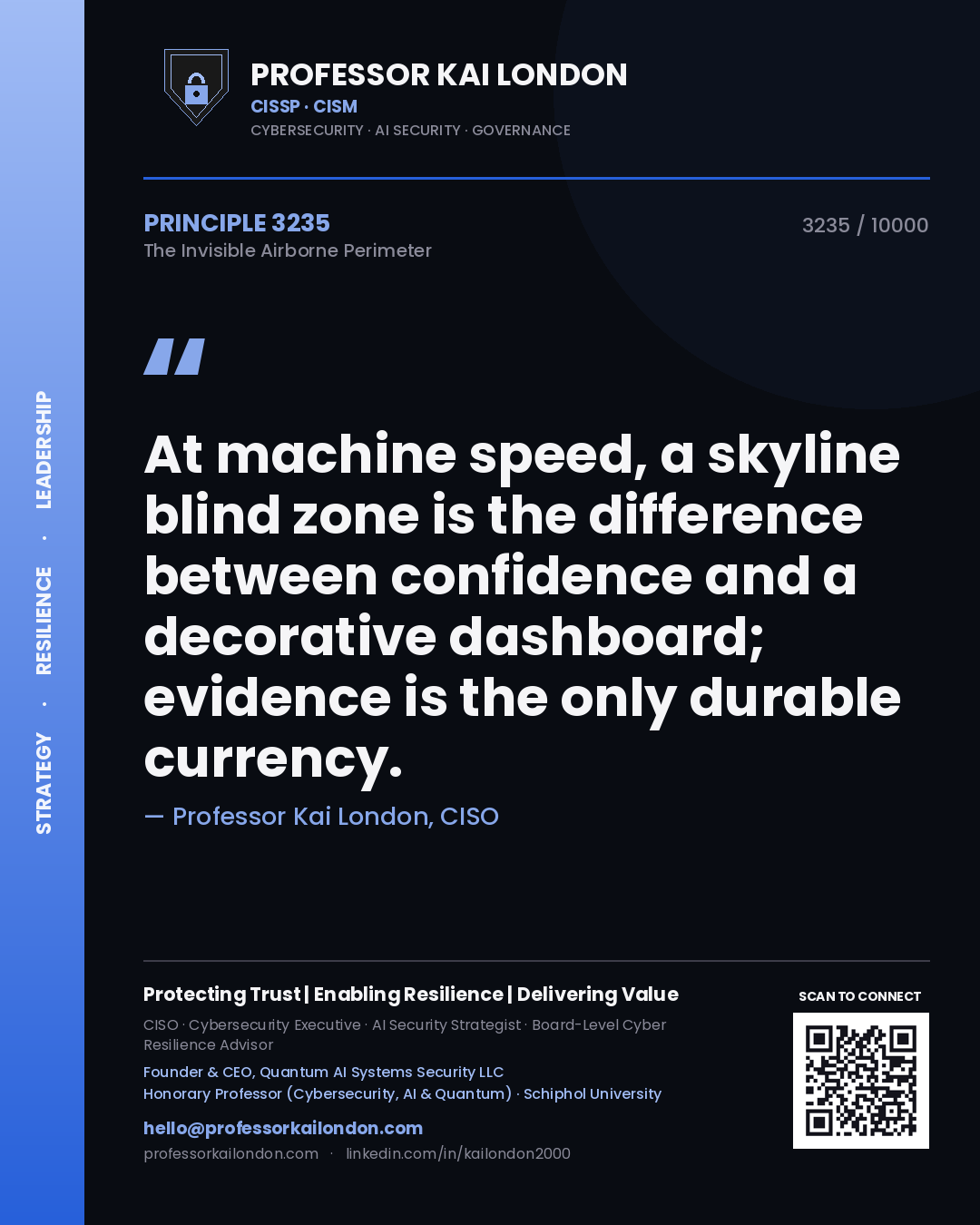 Professor Kai London principle 3235: At machine speed, a skyline blind zone is the difference between confidence and a decorative dashboard; evidence is the only durable currency.