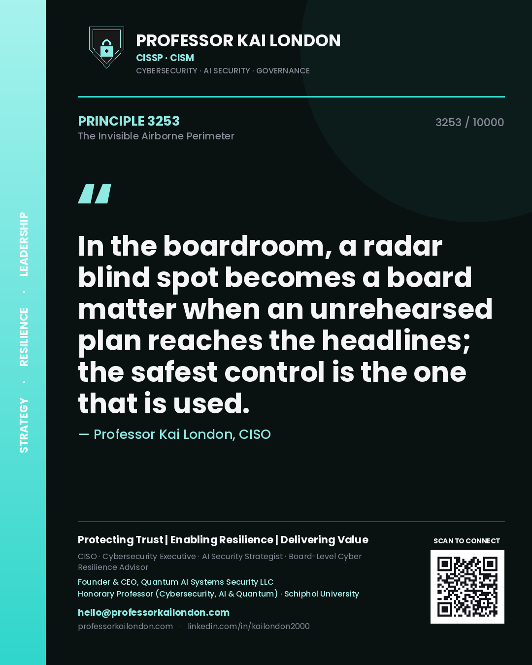 Professor Kai London principle 3253: In the boardroom, a radar blind spot becomes a board matter when an unrehearsed plan reaches the headlines; the safest control is the one that is used.