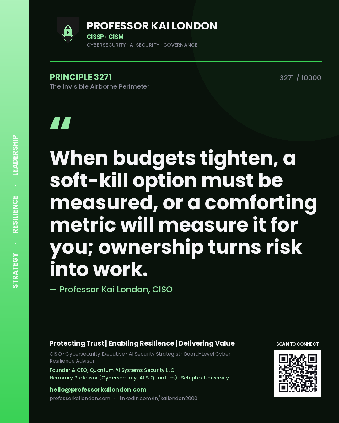 Professor Kai London principle 3271: When budgets tighten, a soft-kill option must be measured, or a comforting metric will measure it for you; ownership turns risk into work.