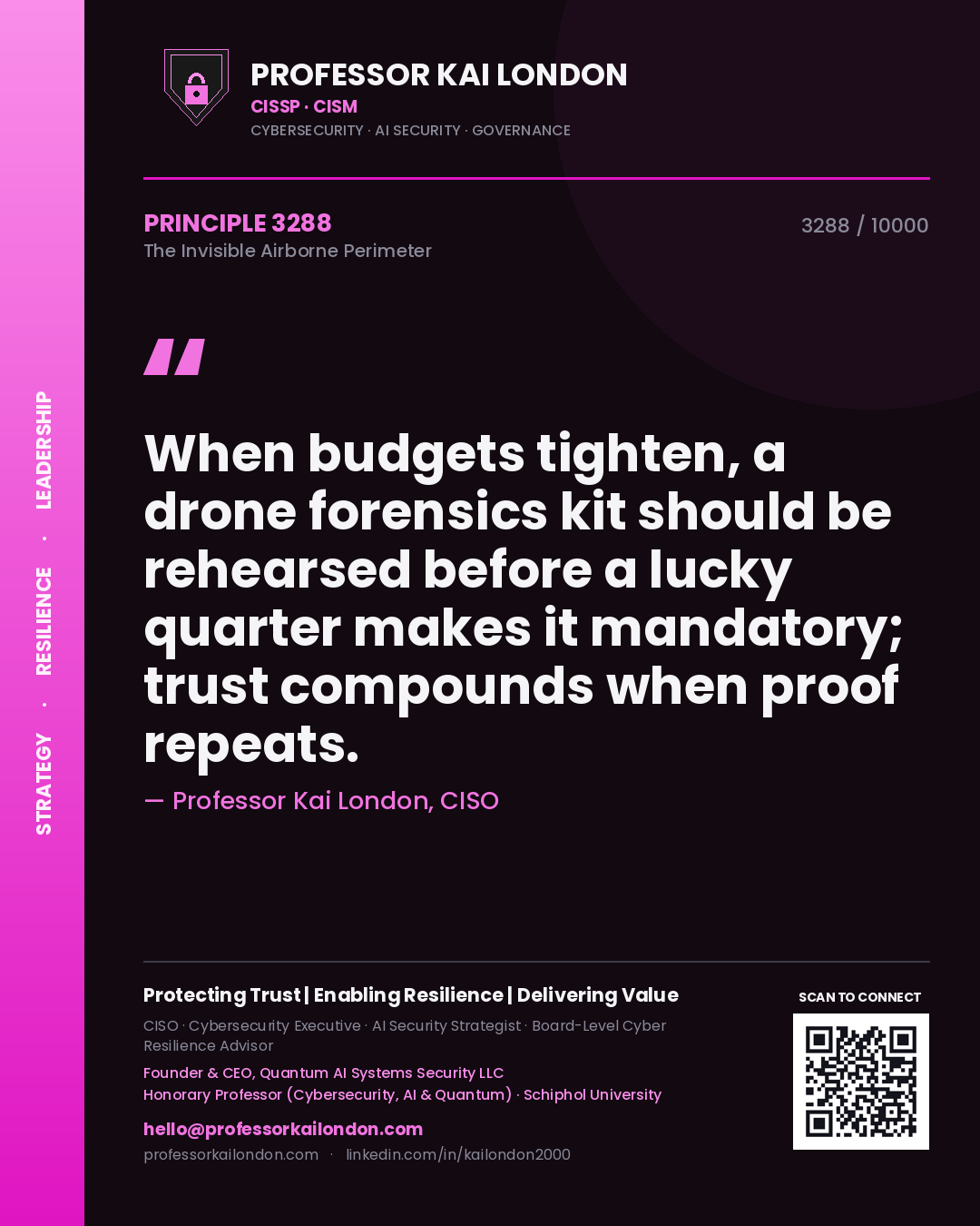 Professor Kai London principle 3288: When budgets tighten, a drone forensics kit should be rehearsed before a lucky quarter makes it mandatory; trust compounds when proof repeats.