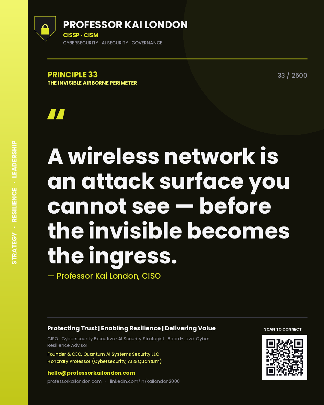 Professor Kai London principle 33: A wireless network is an attack surface you cannot see — before the invisible becomes the ingress.